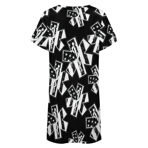 U.S.A. Flag with EMS Star of Life Nightgowns for Women Sleepwear Short Sleeve Sleep Dress Nightshirt