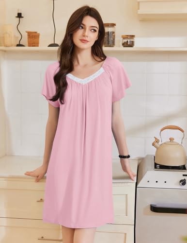 Womens Nightgown Lace Trim V Neck Sleep Shirt Flare Short Sleeve Night Gown Pleated Nightshirt Ladies Nightdress