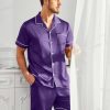 Mens Satin Silk Pajamas Sets Short Sleeve Button-Down Sleepwear Two Piece Loungewear with Pockets