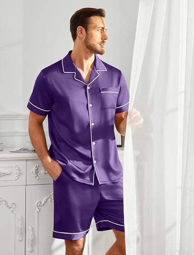 Mens Satin Silk Pajamas Sets Short Sleeve Button-Down Sleepwear Two Piece Loungewear with Pockets