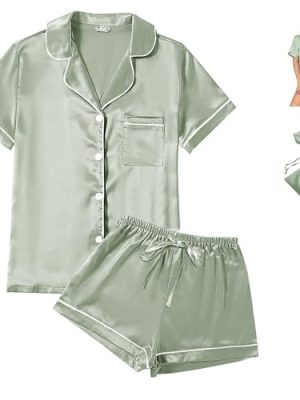 4Pcs Womens Satin Silky Pajama Sets Short Sleeve Shirt XS-4XL Floral Pajamas Set Soft PJ Loungewear Sleepwear