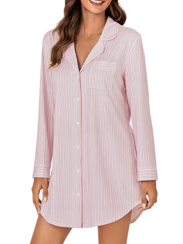 Women's Striped Nightgown Collar V Neck Button Down Long Sleeve Sleep Shirt Top Nightdress