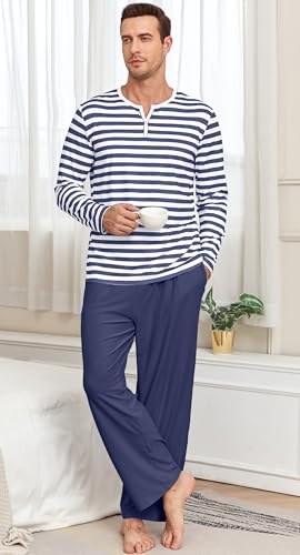 Men's Pajamas Set Long Sleeve Pjs 2 Piece Comfy Pajama Sleepwear Henley Loungewear Sets with Pockets