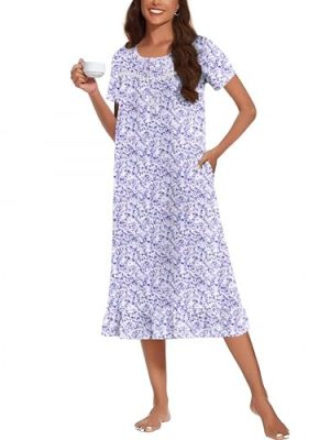 Cotton Nightgowns for Women Soft Long Button Night Gowns Comfy House Dress with Pockets Short Sleeve Sleepwear S-3XL