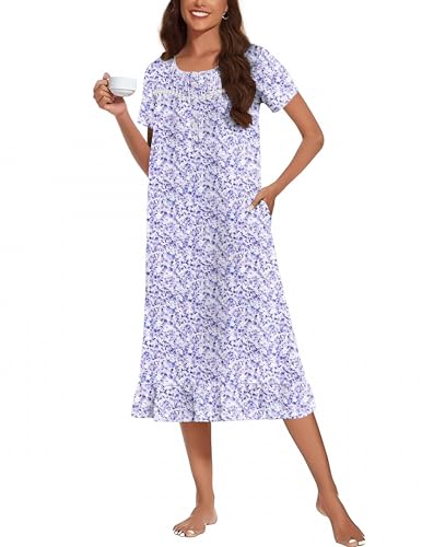 Cotton Nightgowns for Women Soft Long Button Night Gowns Comfy House Dress with Pockets Short Sleeve Sleepwear S-3XL