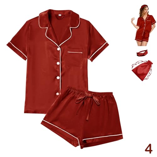 4Pcs Womens Satin Silky Pajama Sets Short Sleeve Shirt XS-4XL Floral Pajamas Set Soft PJ Loungewear Sleepwear