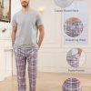 Mens Pajamas Set Cotton Short Sleeve and Plaid Long Pants 2 Piece Loungewear Sleepwear with Pocket