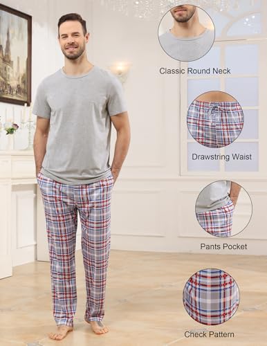 Mens Pajamas Set Cotton Short Sleeve and Plaid Long Pants 2 Piece Loungewear Sleepwear with Pocket