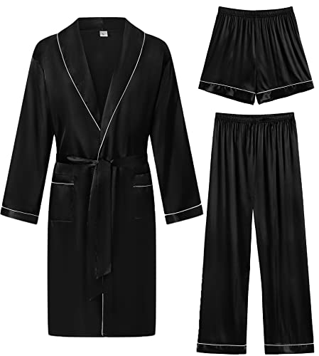Men's Satin Robe 3 Pcs Silky Kimono Bathrobe Set Lightweight Soft Loungewear Nightwear