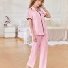 Women Pajamas Button Down Notch Collar Soft Short Sleeve Pjs with Long Pant Lounge Set