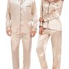 Couples Matching Pajamas Sets Women & Men Silk Satin Long Sleeve Button Down Sleepwear 2 Pcs Classic Loungewear Women Champagne