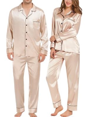 Couples Matching Pajamas Sets Women & Men Silk Satin Long Sleeve Button Down Sleepwear 2 Pcs Classic Loungewear Women Champagne