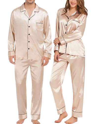 Couples Matching Pajamas Sets Women & Men Silk Satin Long Sleeve Button Down Sleepwear 2 Pcs Classic Loungewear Women Champagne