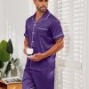 Mens Satin Silk Pajamas Sets Short Sleeve Button-Down Sleepwear Two Piece Loungewear with Pockets