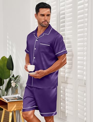 Mens Satin Silk Pajamas Sets Short Sleeve Button-Down Sleepwear Two Piece Loungewear with Pockets