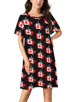 Canadian Flag Map Nightgowns for Women Sleepwear Short Sleeve Sleep Dress Nightshirt