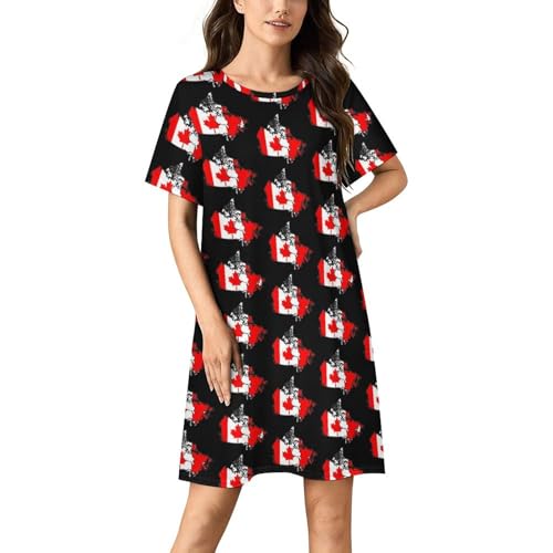 Canadian Flag Map Nightgowns for Women Sleepwear Short Sleeve Sleep Dress Nightshirt