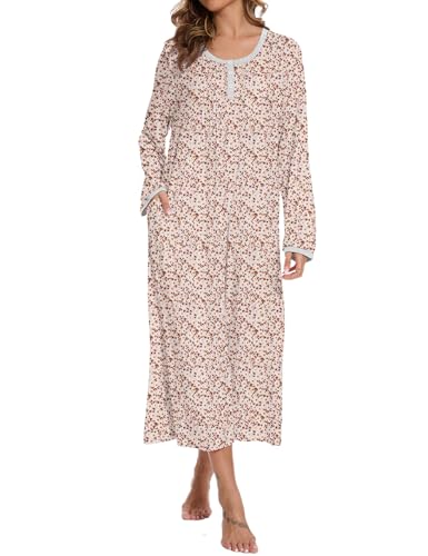 Cotton Nightgowns for Women Soft Long Sleeve Night Gown with Pockets