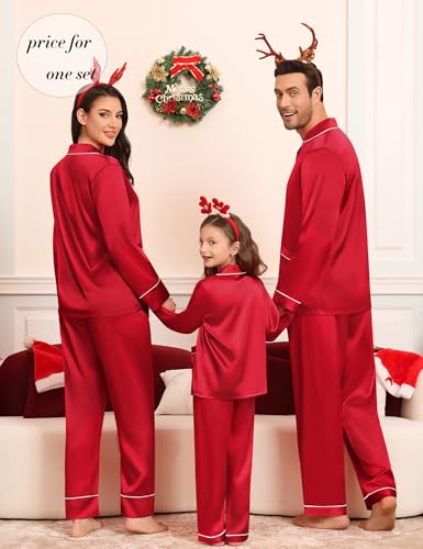 Matching Family Pajamas Set Women & Men & Kids Silk Satin Pjs 2 Pcs Long Sleeve Button Down Sleepwear with 2 Pockets(Men, A-Red,