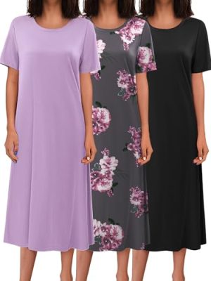 3 Pack Long Nightgowns for Women Full Length Short Sleeve Nightshirt Soft Plus Size Sleepwear Casual Loungwear