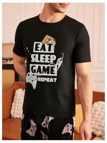 Men's 2 Piece Summer Pajama Sets Crew Neck Graphic Tees with Long Pants Loungewear