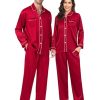 Couples Satin Pajamas Set Women & Men 2PCS Pjs Long Sleeve & Pants Sleepwear Button-Down Loungewear with Pockets