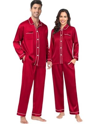 Couples Satin Pajamas Set Women & Men 2PCS Pjs Long Sleeve & Pants Sleepwear Button-Down Loungewear with Pockets