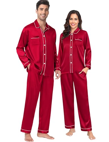 Couples Satin Pajamas Set Women & Men 2PCS Pjs Long Sleeve & Pants Sleepwear Button-Down Loungewear with Pockets