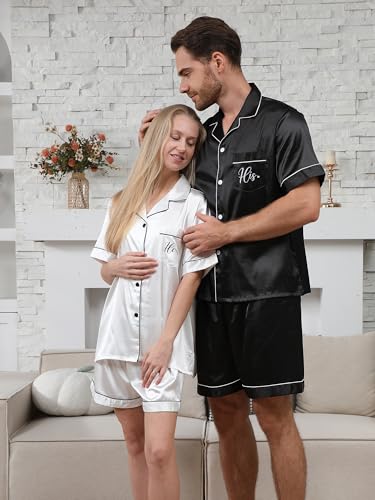 His and Hers Pajamas Sets Matching Pajamas for Couples Satin Button Pjs Short Sleeve Sleepwear for Women Men