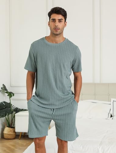 Matching Pajamas for Couples Ribbed Knit Pajama Short Sleeve Soft Sleepwear 2 Piece Loungewear S-XXL