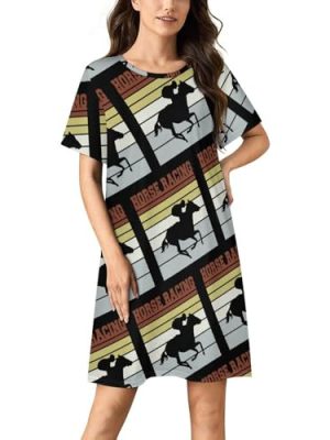Vintage Horse Racing Team Nightgowns for Women Sleepwear Short Sleeve Sleep Dress Nightshirt
