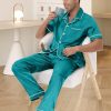Mens Silk Pajama Set Satin Pjs Short Sleeve Button Down Sleepwear Classic Loungewear Set With Pants S-3XL