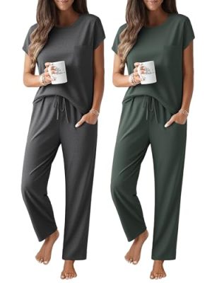 2 Packs Pajamas for Women Set Cap Sleeve Top and Pants Soft Sleepwear Comfy Pjs Set with Pockets Lounge Set