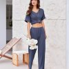 Pajamas for Women Set 2 Piece Short Sleeve Tops with Long Pants V Neck Soft Pjs Casual Lounge Set with Pockets