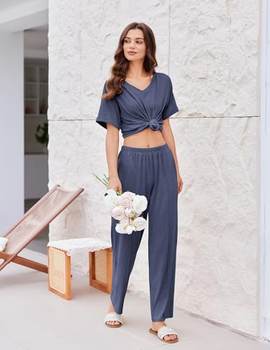 Pajamas for Women Set 2 Piece Short Sleeve Tops with Long Pants V Neck Soft Pjs Casual Lounge Set with Pockets