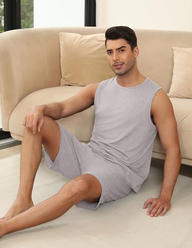 Men's Pajamas Set Workout Tank Top Pjs Sets with Shorts 2 Piece Soft Sleeveless Casual Sleep Shirts Loungewear S-XXL