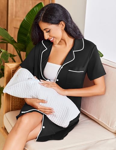 Womens Nightgown Button Down Night Gowns Short Sleeve Sleepshirt V Neck Nightshirt Soft Sleepwear S-XXL