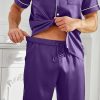 Mens Satin Silk Pajamas Sets Short Sleeve Button-Down Sleepwear Two Piece Loungewear with Pockets