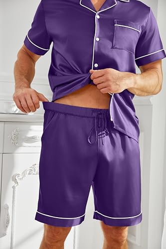 Mens Satin Silk Pajamas Sets Short Sleeve Button-Down Sleepwear Two Piece Loungewear with Pockets