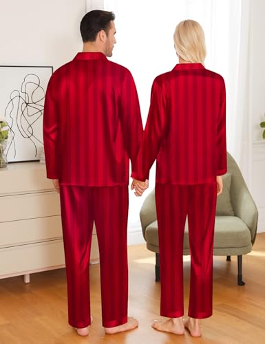 Couples Pajamas Womens &Mens Matching Pajamas Set Silk Satin Pj Set Long Sleeve Button Down Sleepwear 2 Pcs Loungewear