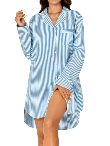 Women's Cotton Striped Nightgown Collar V Neck Long Sleeve Sleep Shirts Nightdress Button Down Nightwear