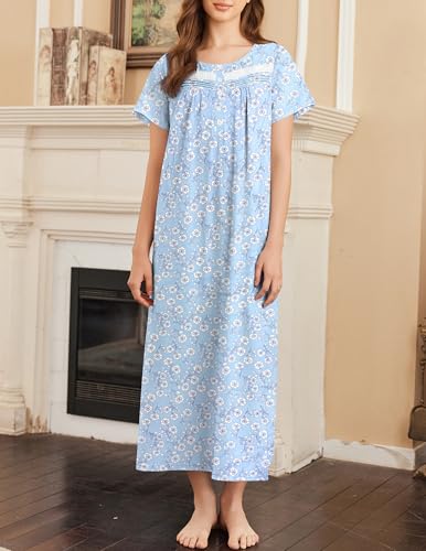 Nightgown for Women Cotton Long Night Gown Short Sleeve Nightdress with Pockets Button Sleepshirt Soft Sleepwear