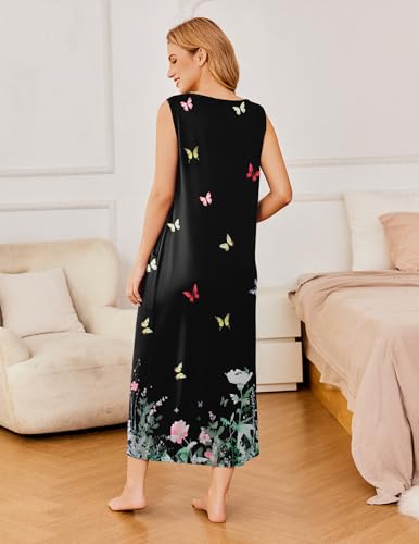Nightgowns for Women Sleeveless Sleepshirt Long Print House Dress Tank Nightshirt Maxi Casual Dress with Pockets