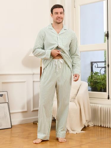 Couple Pajama Sets, Soft Cotton Button-Down Striped Pajamas for Men and Women Long Sleeve Sleepwear with Pockets