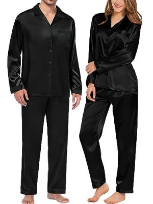 Couples Pajamas Womens &Mens Matching Pajamas Set Silk Satin Pj Set Long Sleeve Button Down Sleepwear 2 Pcs Loungewear