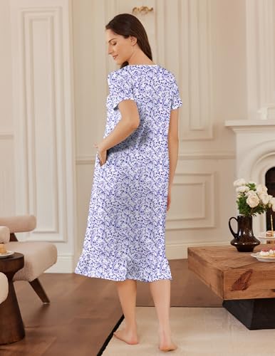 Cotton Nightgowns for Women Soft Long Button Night Gowns Comfy House Dress with Pockets Short Sleeve Sleepwear S-3XL