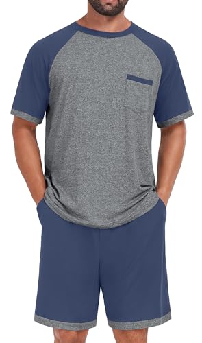 Mens Pajamas Set Lightweight Summer Pjs Sleepwear Soft Comfy Short Sleeve Loungewear Print With Pocket (S-4XL)