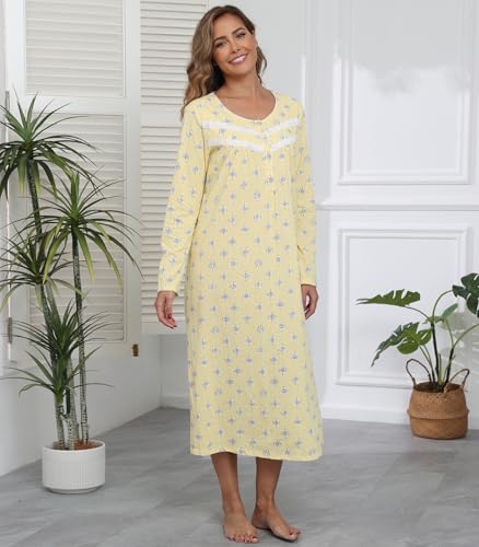 Long Cotton Nightgowns for Women 100% Cotton Night Gown Long Sleeve Ladies Nightgowns Sleepwear Vintage Sleep Dress