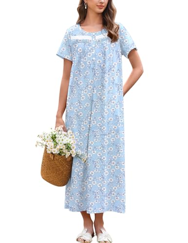 Nightgown for Women Cotton Long Night Gown Short Sleeve Nightdress with Pockets Button Sleepshirt Soft Sleepwear