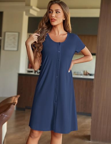 Womens Nightshirt Button Down Sleep Shirts Short Sleeve Nightgown V-Neck Sleepdress Soft Sleepwear